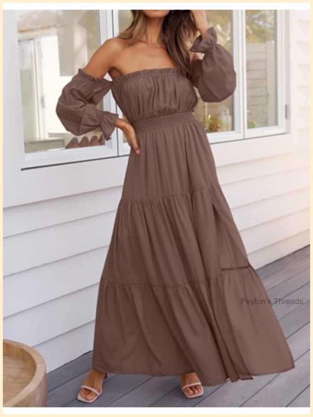 Off Shoulder Boho Maxi Dress with Side Split Flowy A Line Ruffle Hem - Picture 2 of 6